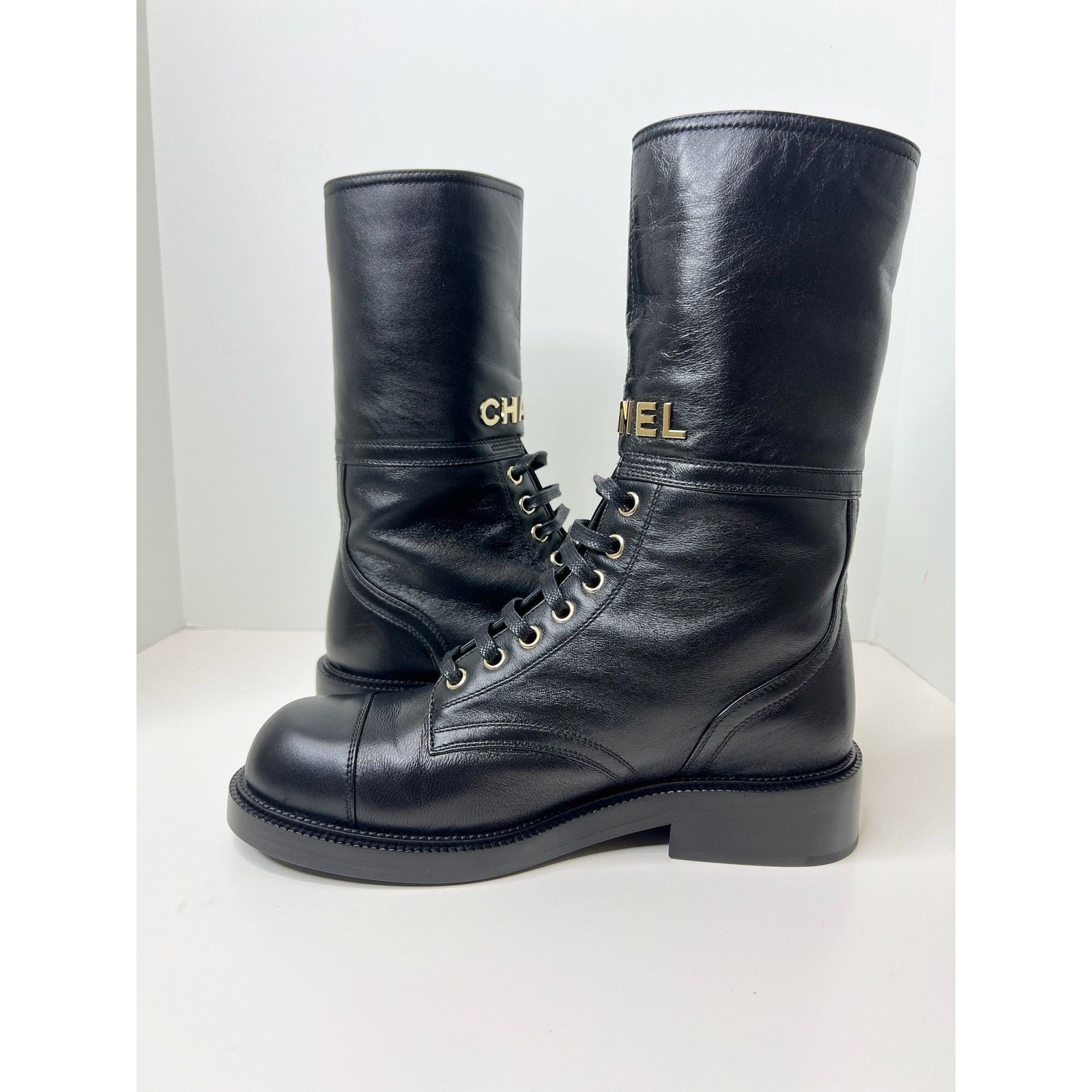 Chanel NWT! Chanel Lace Up Combat Boots, Black, Size 37.5 Size US 7.5 / IT 37.5 - 7 Thumbnail