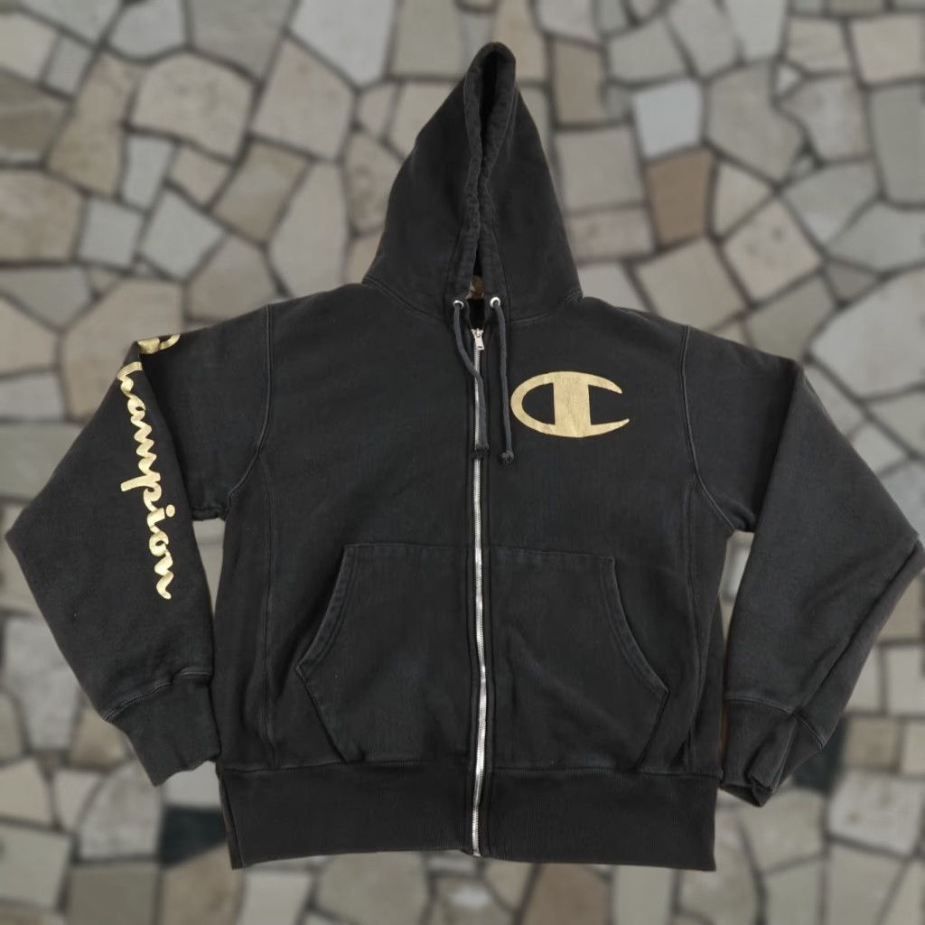 Champion VINTAGE Champion Hoodie Mens Medium Black Gold Reverse Weave Full Zip Sweatshirt Jacket Size US M / EU 48-50 / 2 - 1 Thumbnail