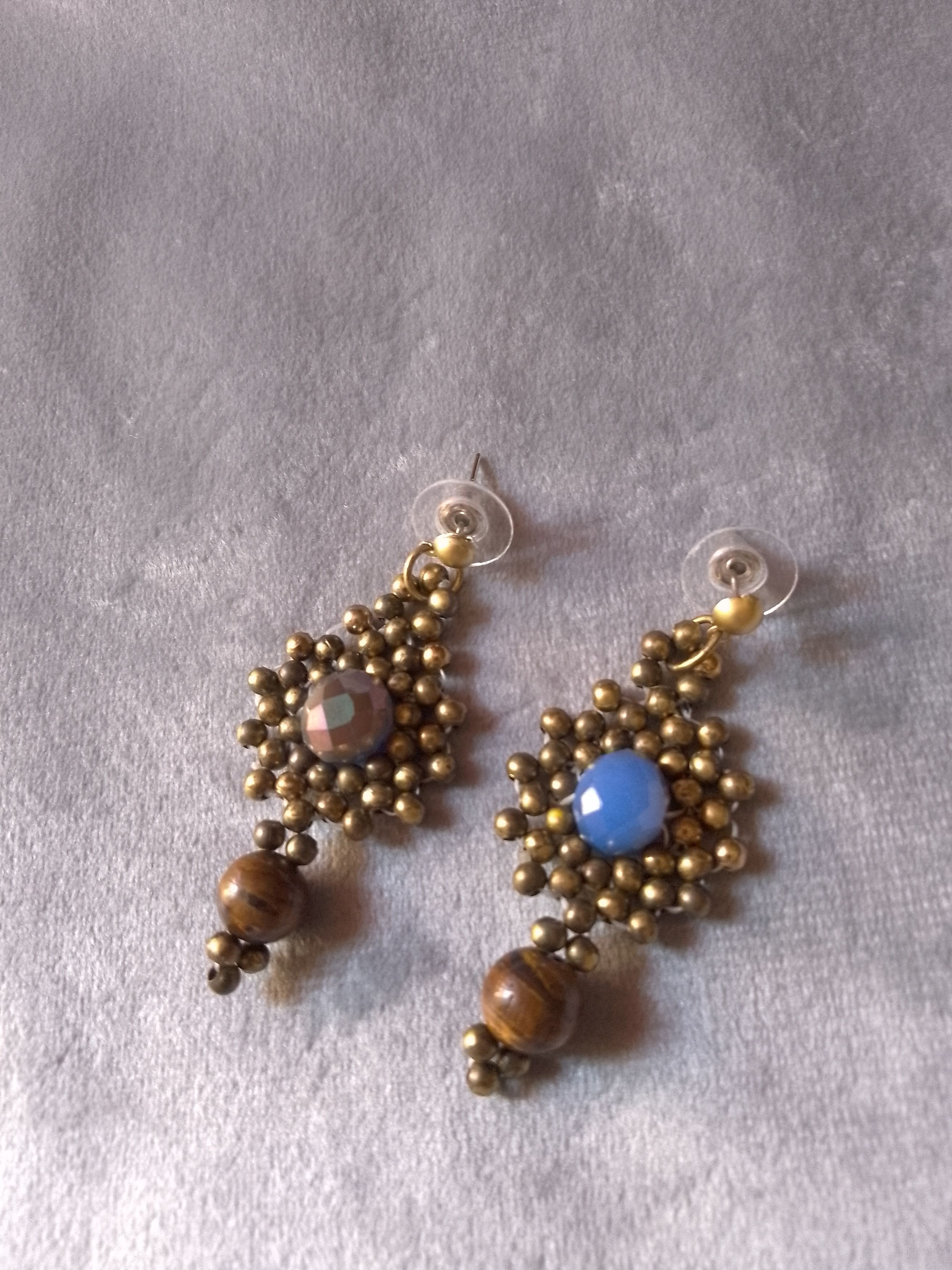 Handmade Earring brass Natural eye of tiger gemstones&crystal Size ONE SIZE - 7 Thumbnail