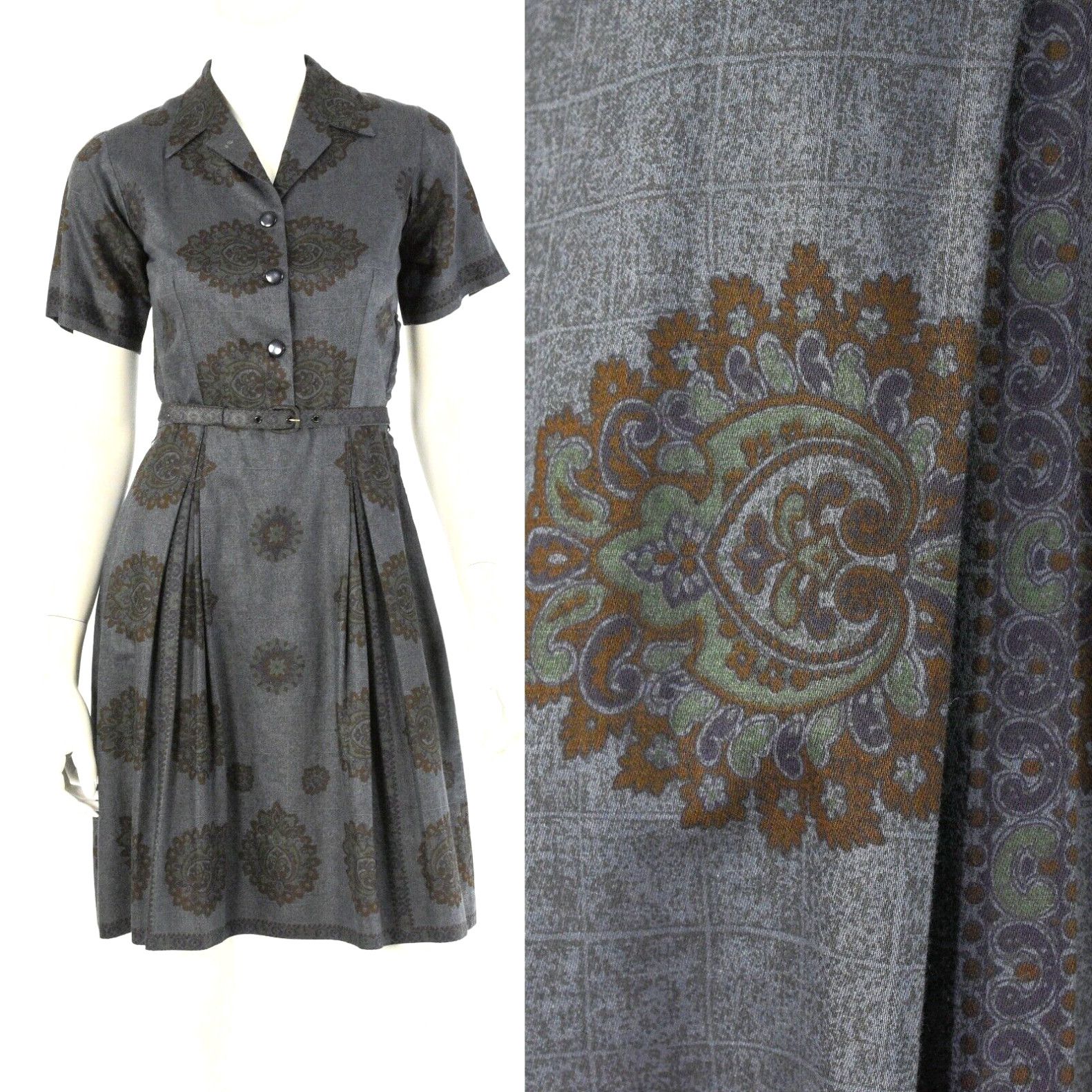 Image of 50S Vintage Gray Medallion Print Shirt Dress Sheath Dress Size Xs in White, Women's