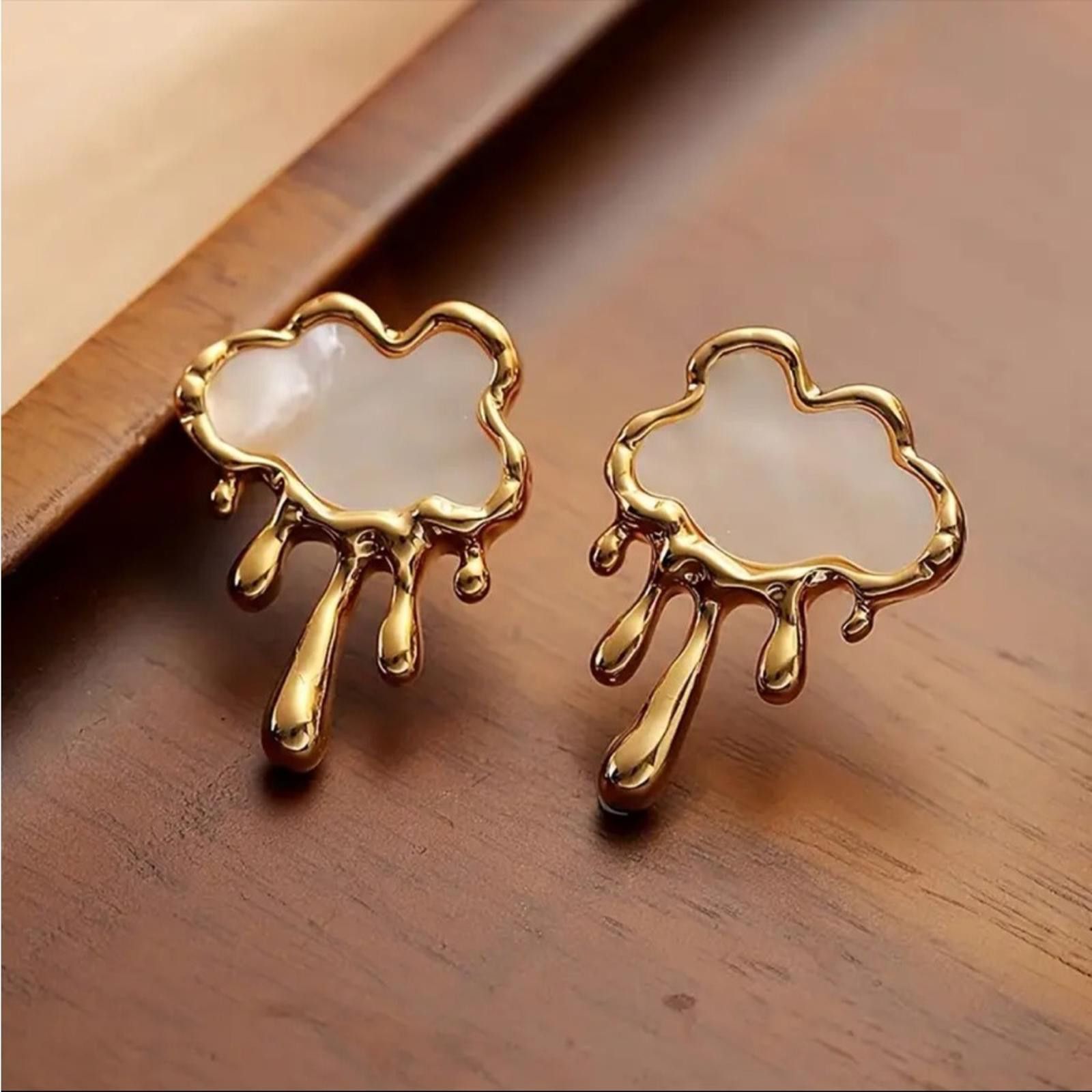 Designer Gold and White Cloud Earrings Stud Size ONE SIZE - 1 Thumbnail