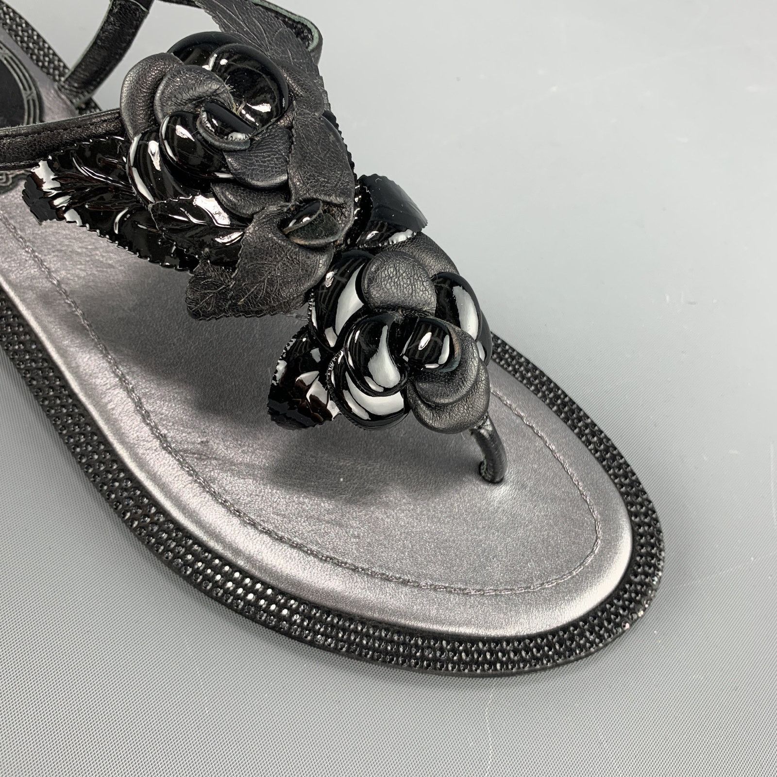Rene Caovilla It 34 Black Leather Rose T Strap Sandals, Women's — image 6 of 6