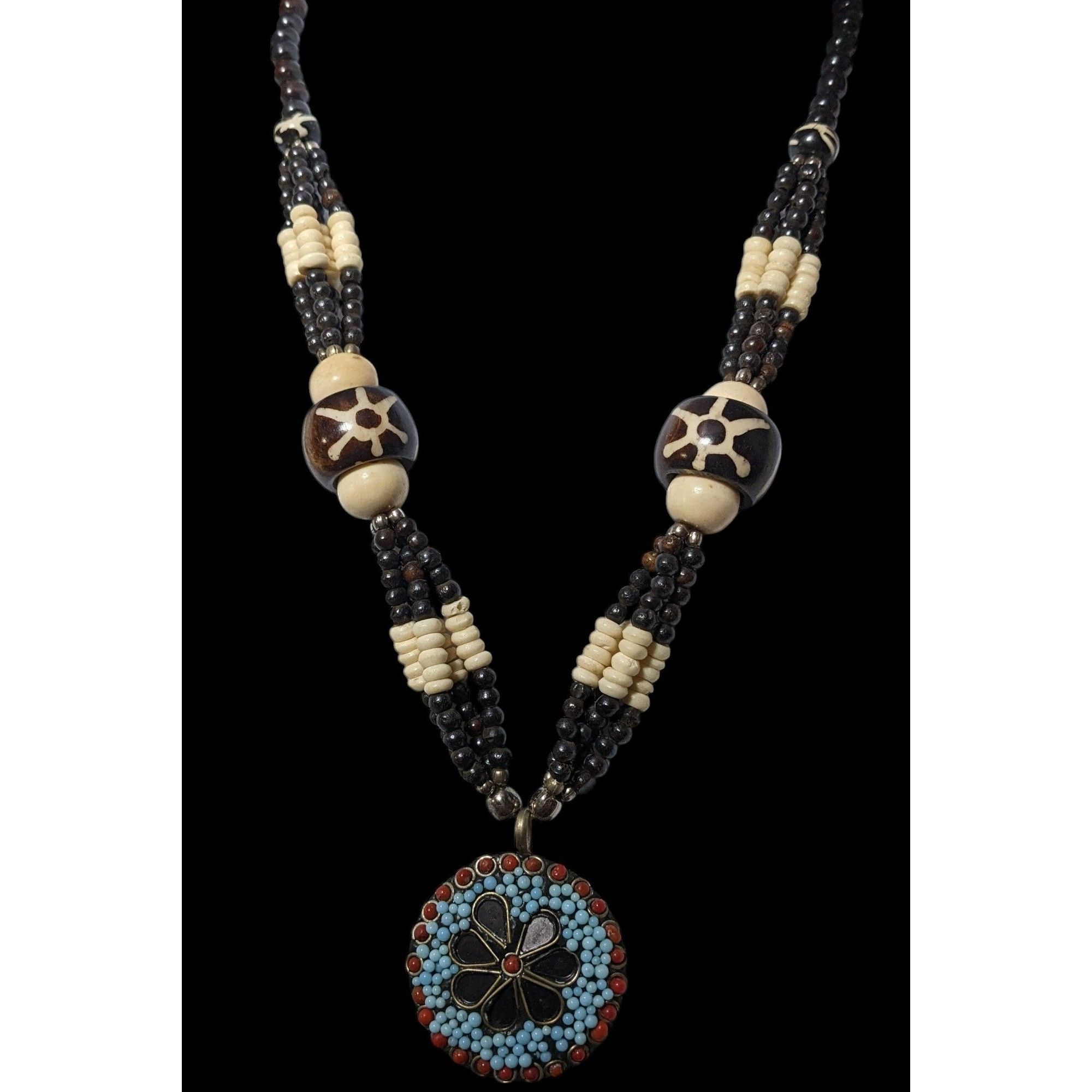 Other Vintage Handmade Beaded Ethnic Wood Metal And Glass Medallio Size ONE SIZE - 3 Thumbnail