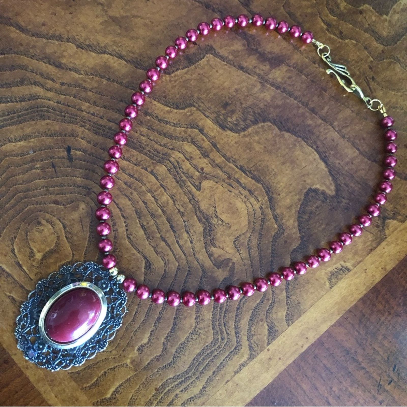 Handmade Handcrafted repurpose red cabochon filigree Pearl necklace Size ONE SIZE - 10 Thumbnail