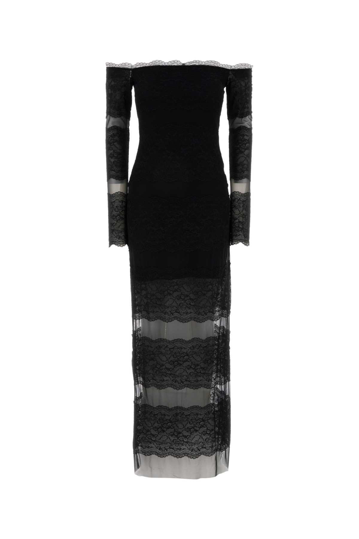 Black Lace And Mesh Long Dress