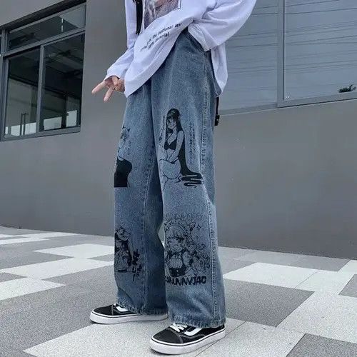 Unisex jeans graffiti print Korean American hip-hop style