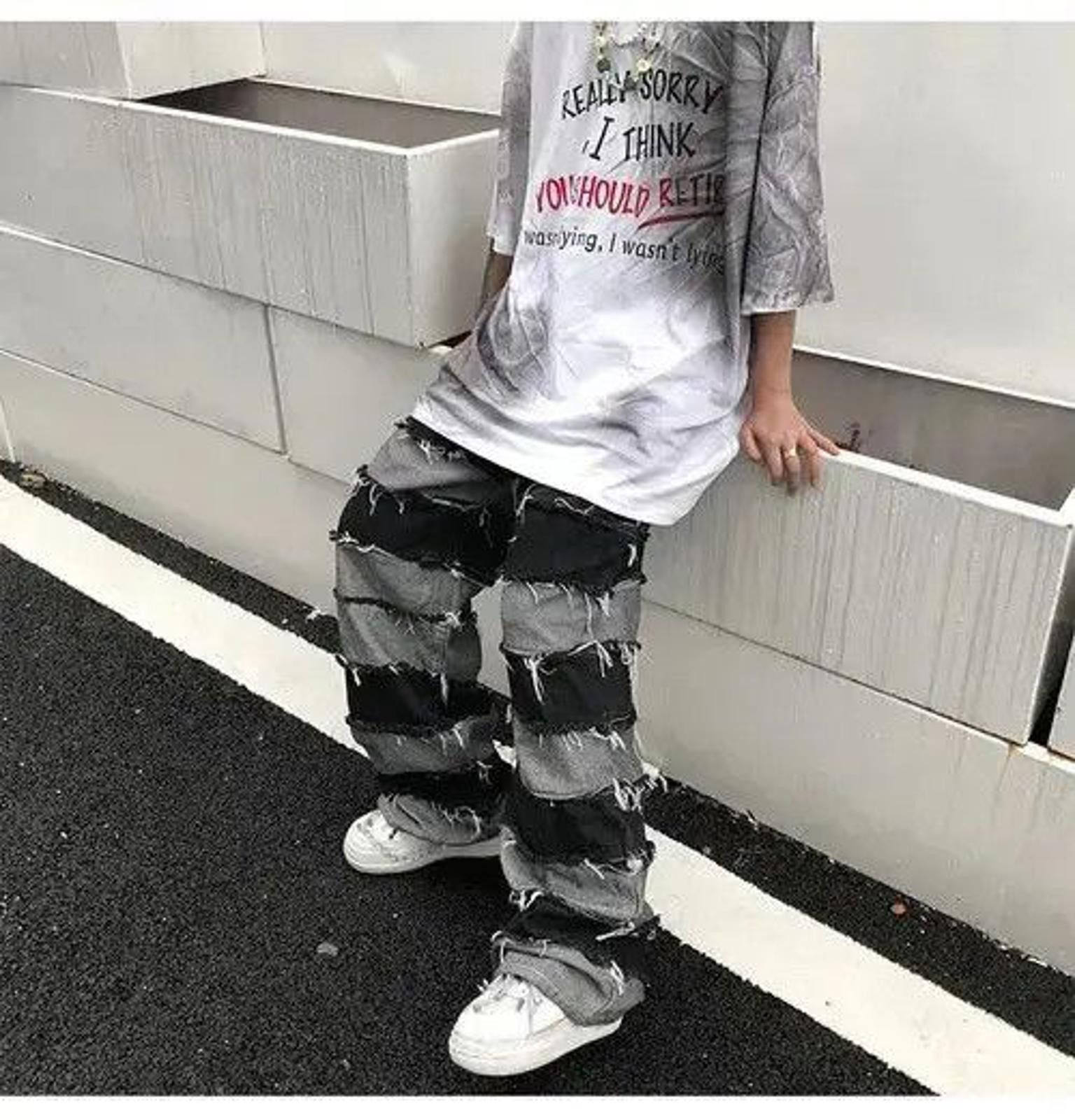 Vintage Distressed Stripe Patchwork Baggy Denim Jeans Size US 32 / EU 48 - 3 Thumbnail