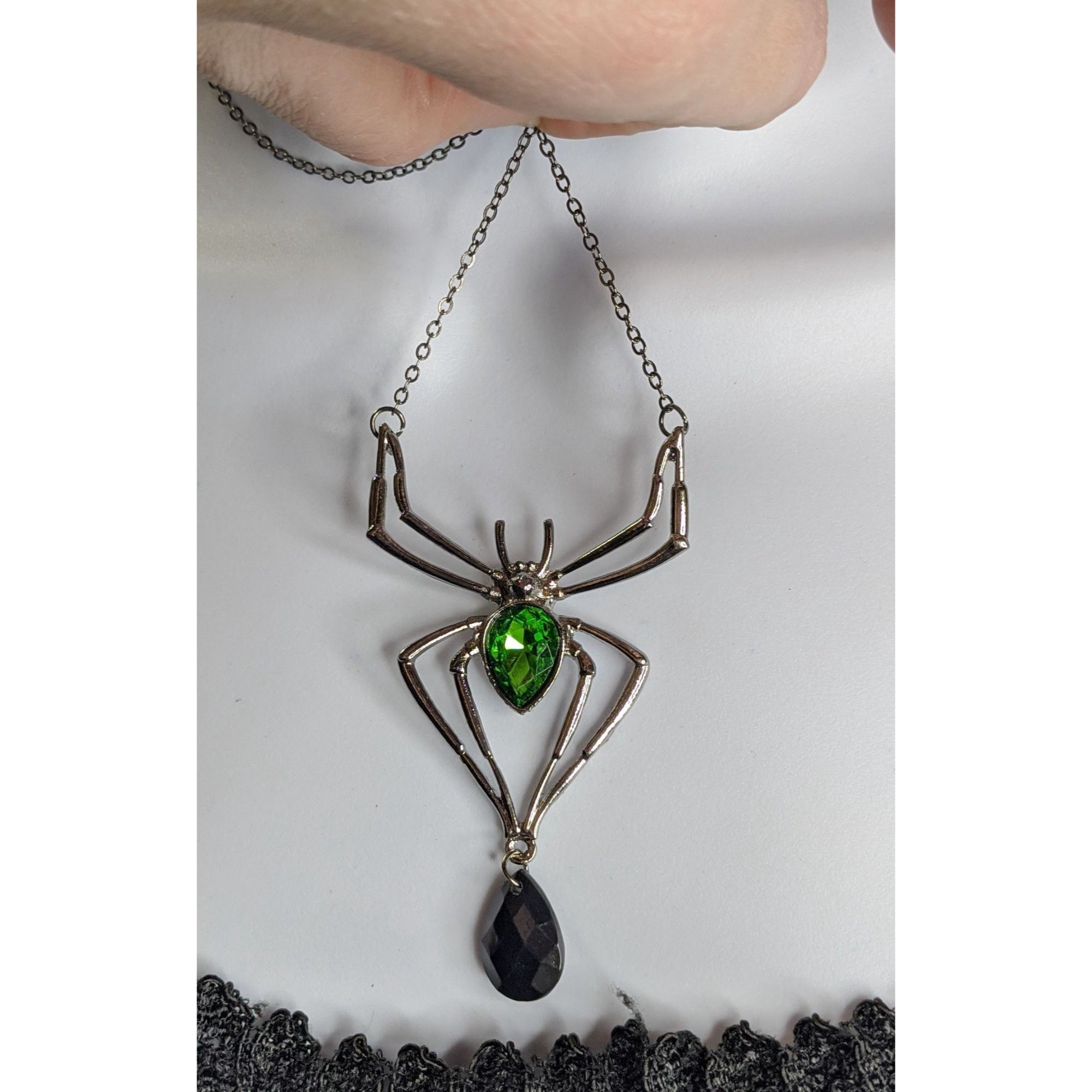 Other Gothic Spider Pendant Necklace With Green Gemstone & Black T Size ONE SIZE - 1 Thumbnail