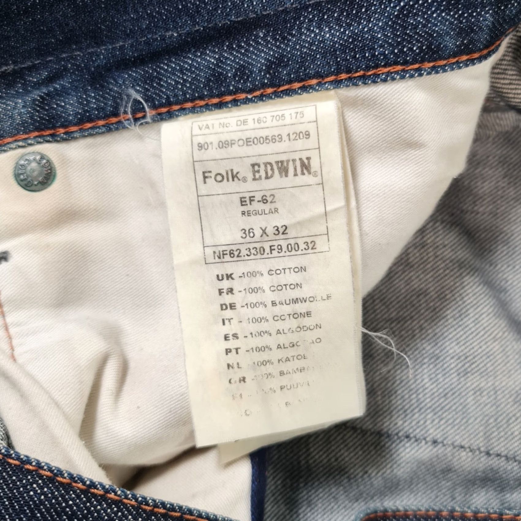 Edwin Folk x Edwin EF-62 Mens Jeans Blue W36 L32 Regular Fit Straight Leg Denim Size US 36 / EU 52 - 4 Thumbnail