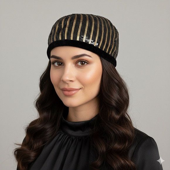 Escada Vintage Escada Sequin Black & Gold Skullcap - German 🇩🇪 Size ONE SIZE - 1 Thumbnail