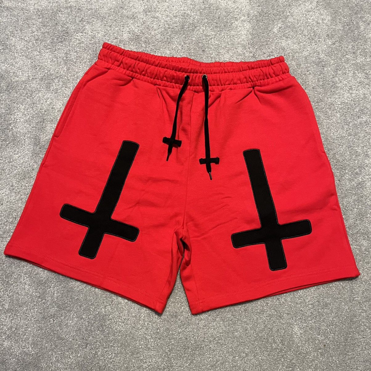 Plague Boulevard New Lil Darkie Small Dark One Cartoon Cross Red Sweat Shorts Size US 32 / EU 48 - 1 Thumbnail