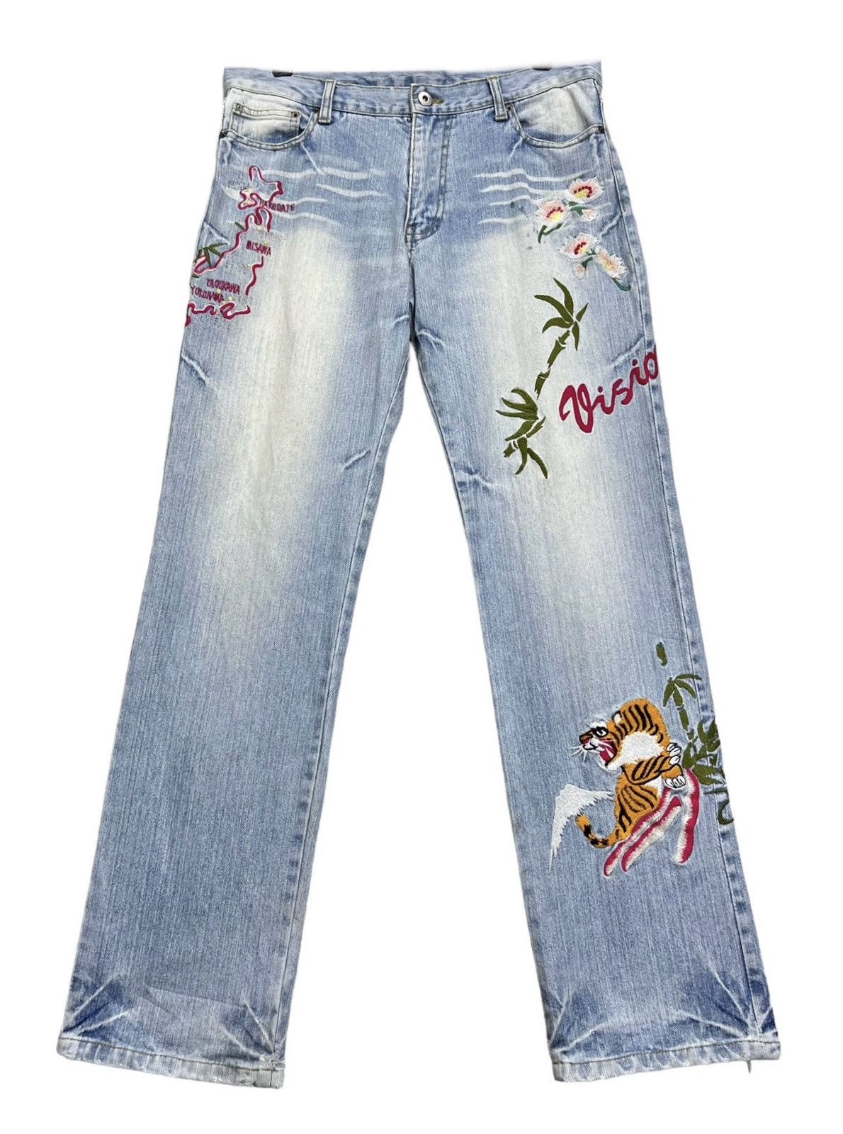 Japanese Brand 💥VISION OF JAPAN Sukajan Embroidery Light Wash Distressed Size 31" - 1 Thumbnail