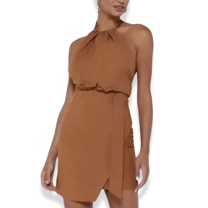 Other Bardot Mini Dress Linen Goddess Halter Backless Brown M NWT Size M / US 6-8 / IT 42-44 - 1 Thumbnail