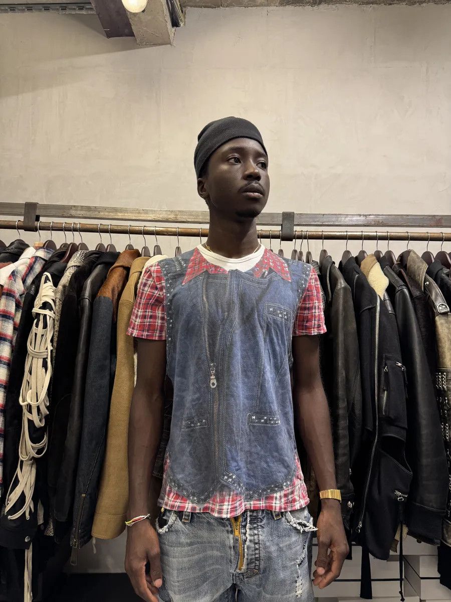 Designer × Just Cavalli × Vintage 2000s Cavalli Trompe L’Oeil Denim Blue & Red Tartan T-Shirt Size US S / EU 44-46 / 1 - 2 Thumbnail