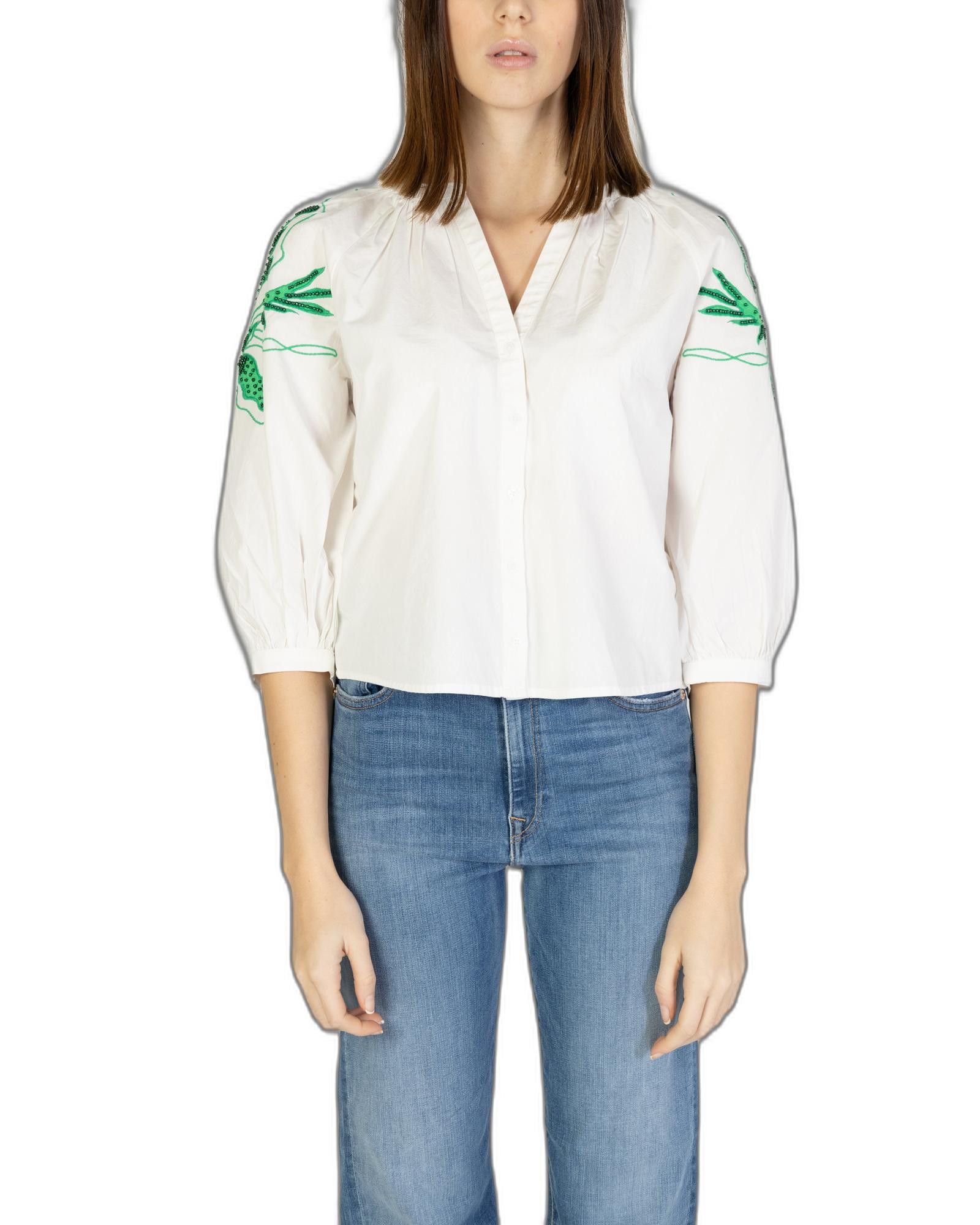 image of Desigual V-Neck Long Sleeve Cotton Shirt in White, Women's (Size Small)