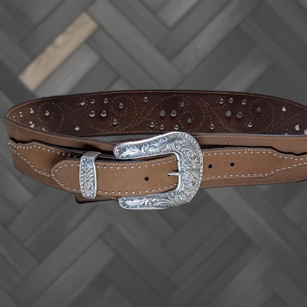 Vintage VINTAGE Nocona belt western belt 34 rhinestone studded leather brown 2.5" buckle Men Boys Mens Size 34 - 1 Thumbnail