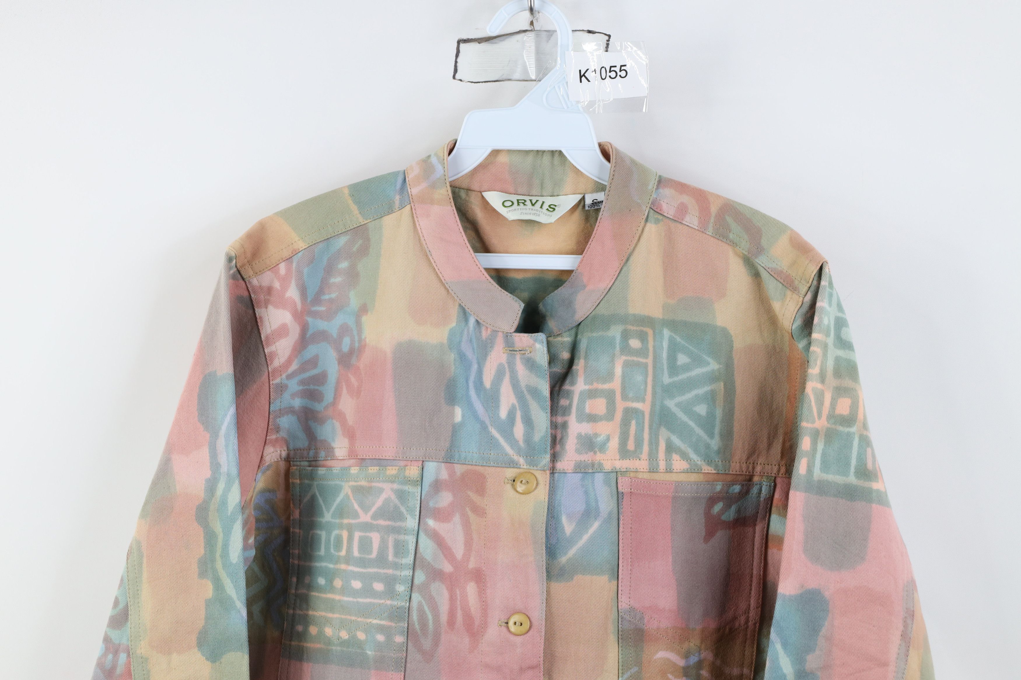 Orvis Vintage 90s Orvis Pastel Band Collar Denim Trucker Jacket Size S / US 4 / IT 40 - 2 Thumbnail