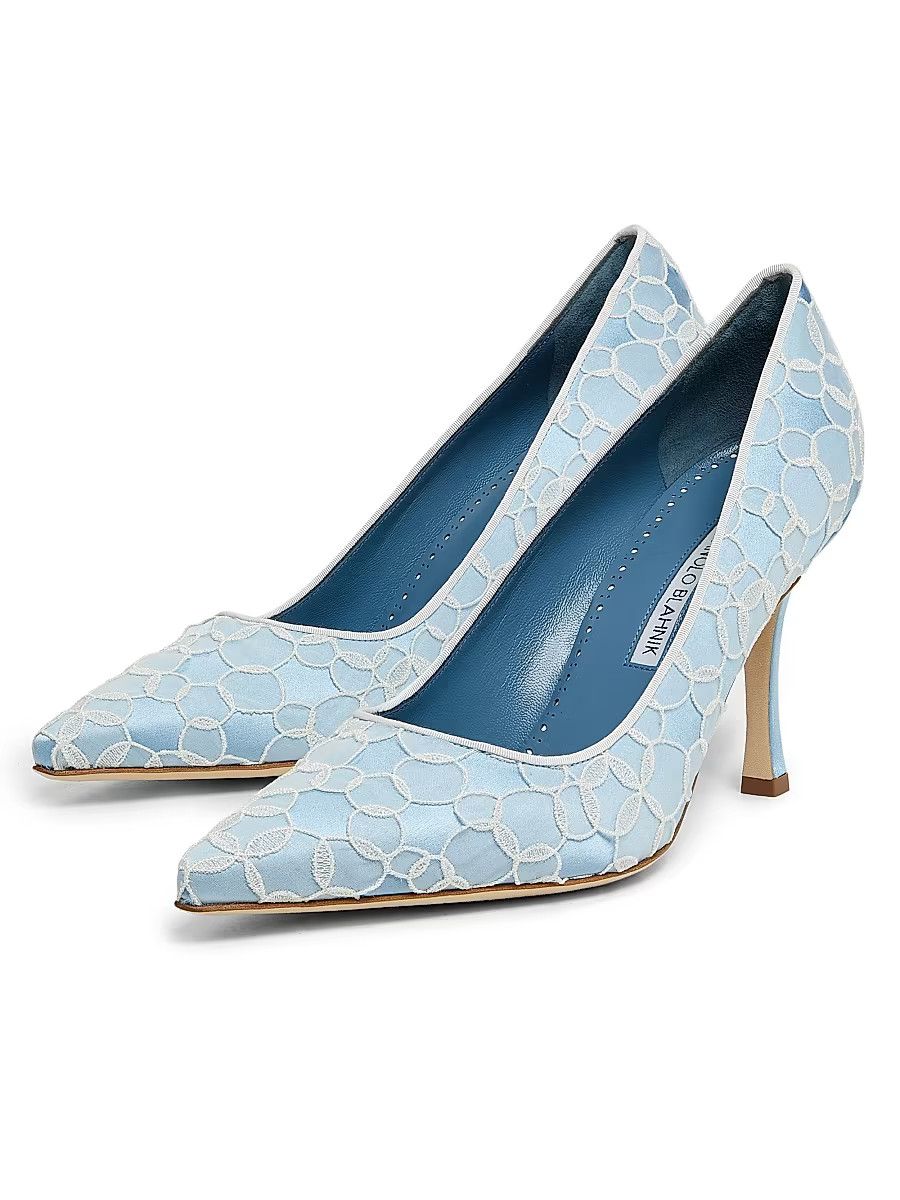 Manolo Blahnik os11x0326 Neliraval Gala 90mm Embroidered Satin Pumps Blue Size US 7.5 / IT 37.5 - 2 Thumbnail
