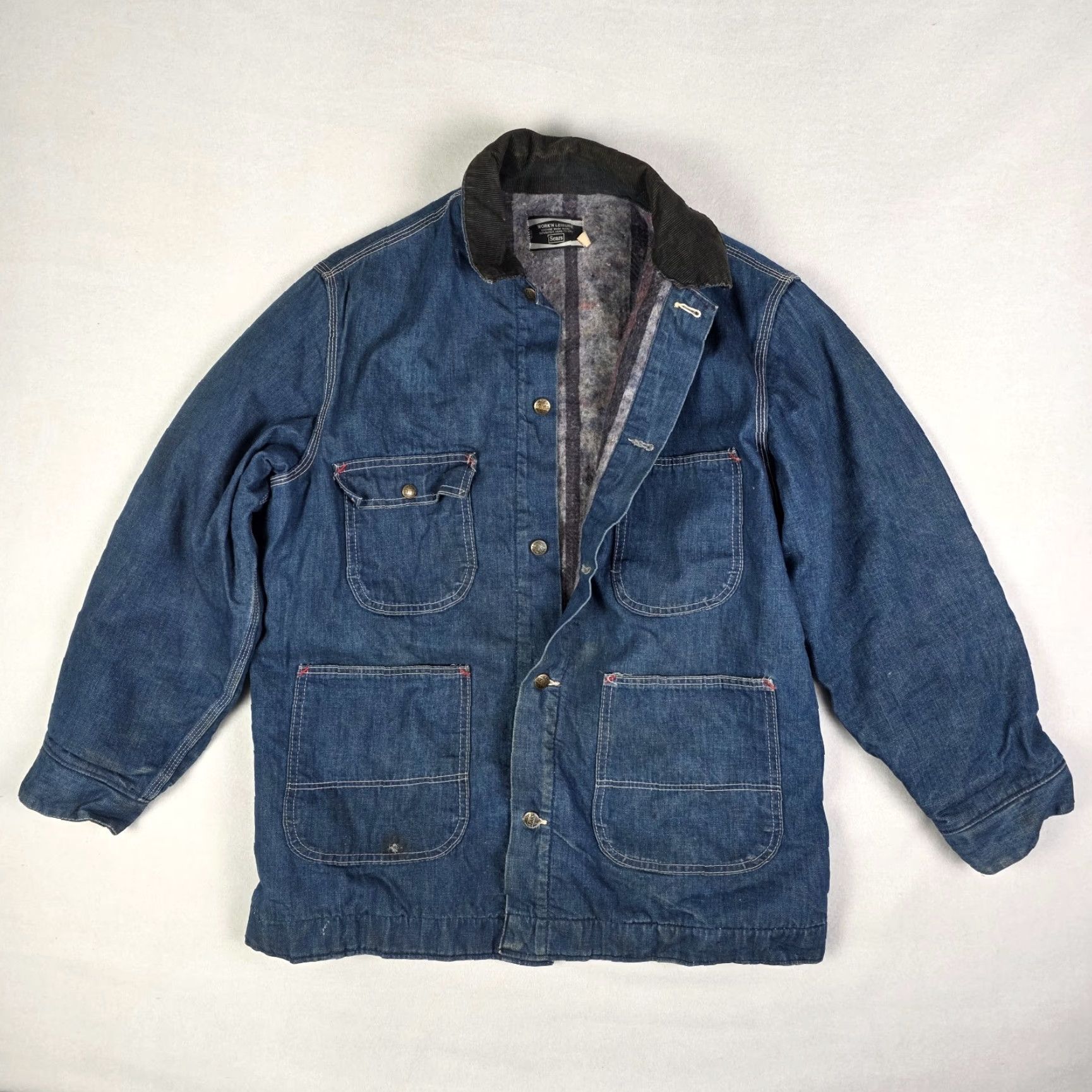 Sears VINTAGE Sears Chore Jacket Denim Lined Workwear Barn Coat Mens Large Blue 70s Size US L / EU 52-54 / 3 - 3 Thumbnail