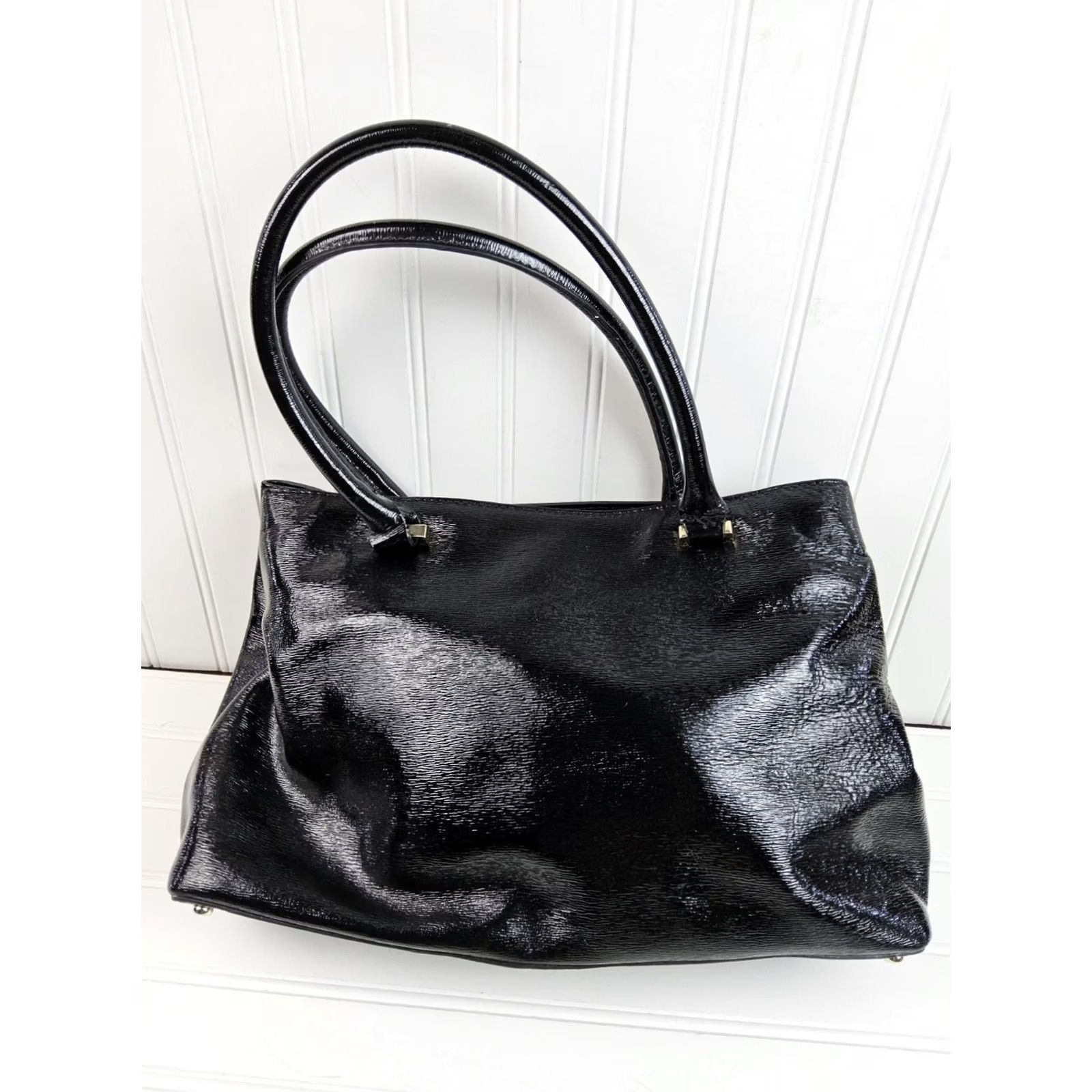 Vintage kate spade new york Patent Double Handle Satchel Shoulder Handbag Purse Women Black patent finish bag Size ONE SIZE - 2 Thumbnail