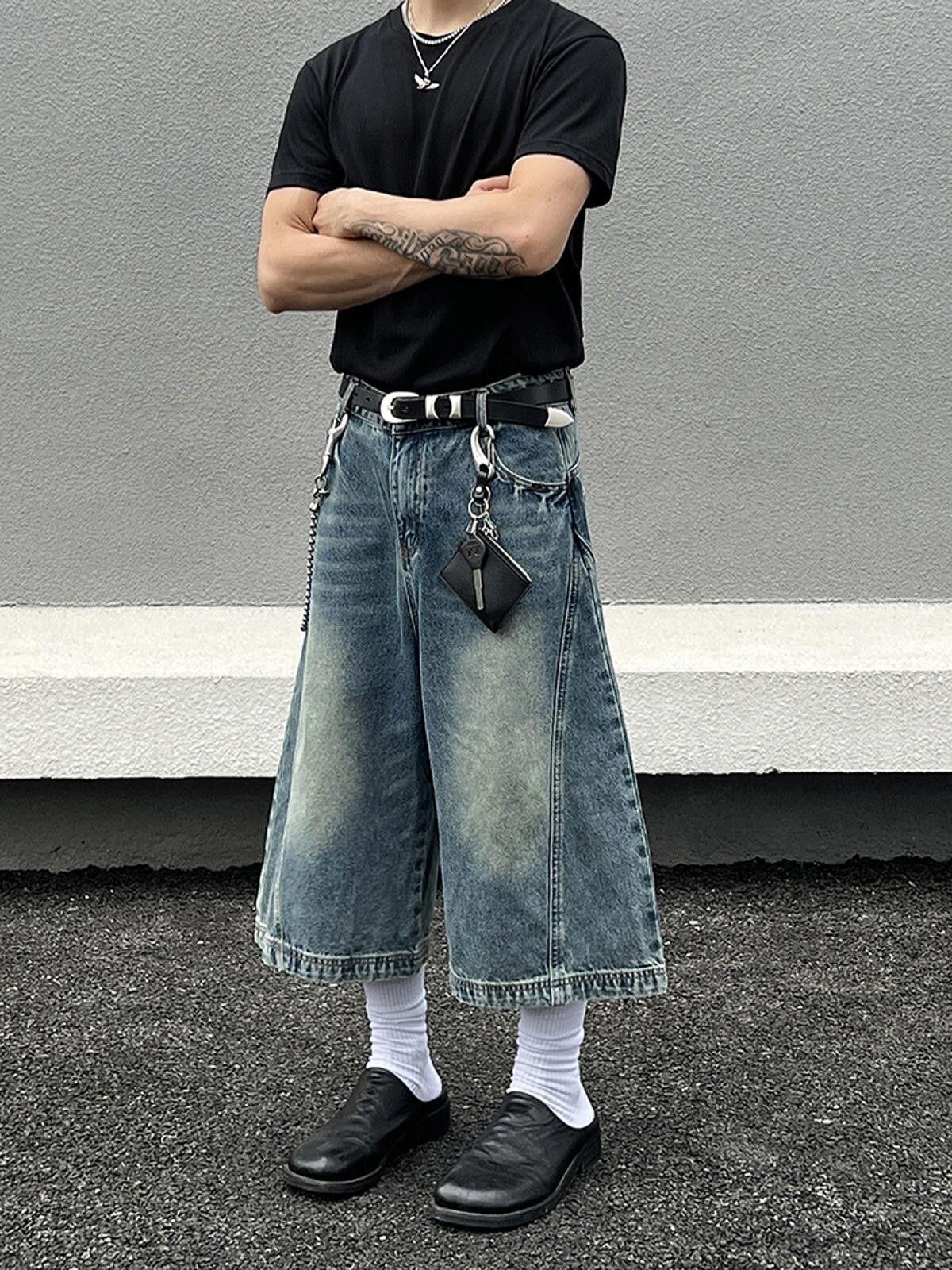 Jean Washed Baggy Wide-Leg Long Denim Shorts, Jorts Size US 28 / EU 44 - 5 Thumbnail