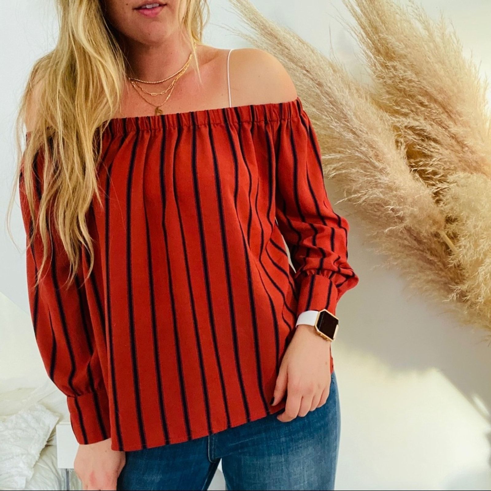 Urban Outfitters UO Off Shoulder Striped Red Long Sleeve Blouse Top Shirt Size M / US 6-8 / IT 42-44 - 3 Thumbnail