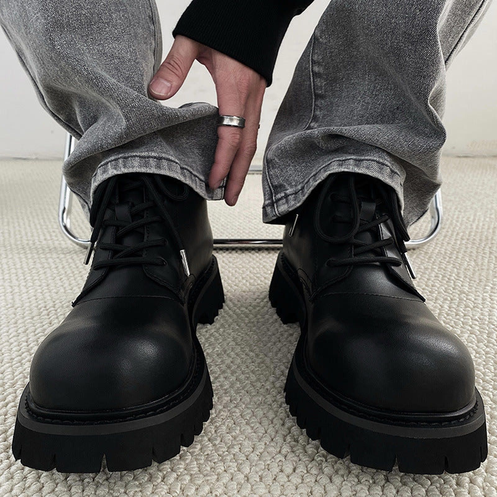 Japanese Brand Black Chunky Lace-Up Men's Ankle Boots, Rugged Sole Boots Size US 9 / EU 42 - 2 Thumbnail