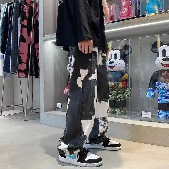 Black White Straight Tie-dye Jeans Denim Pants