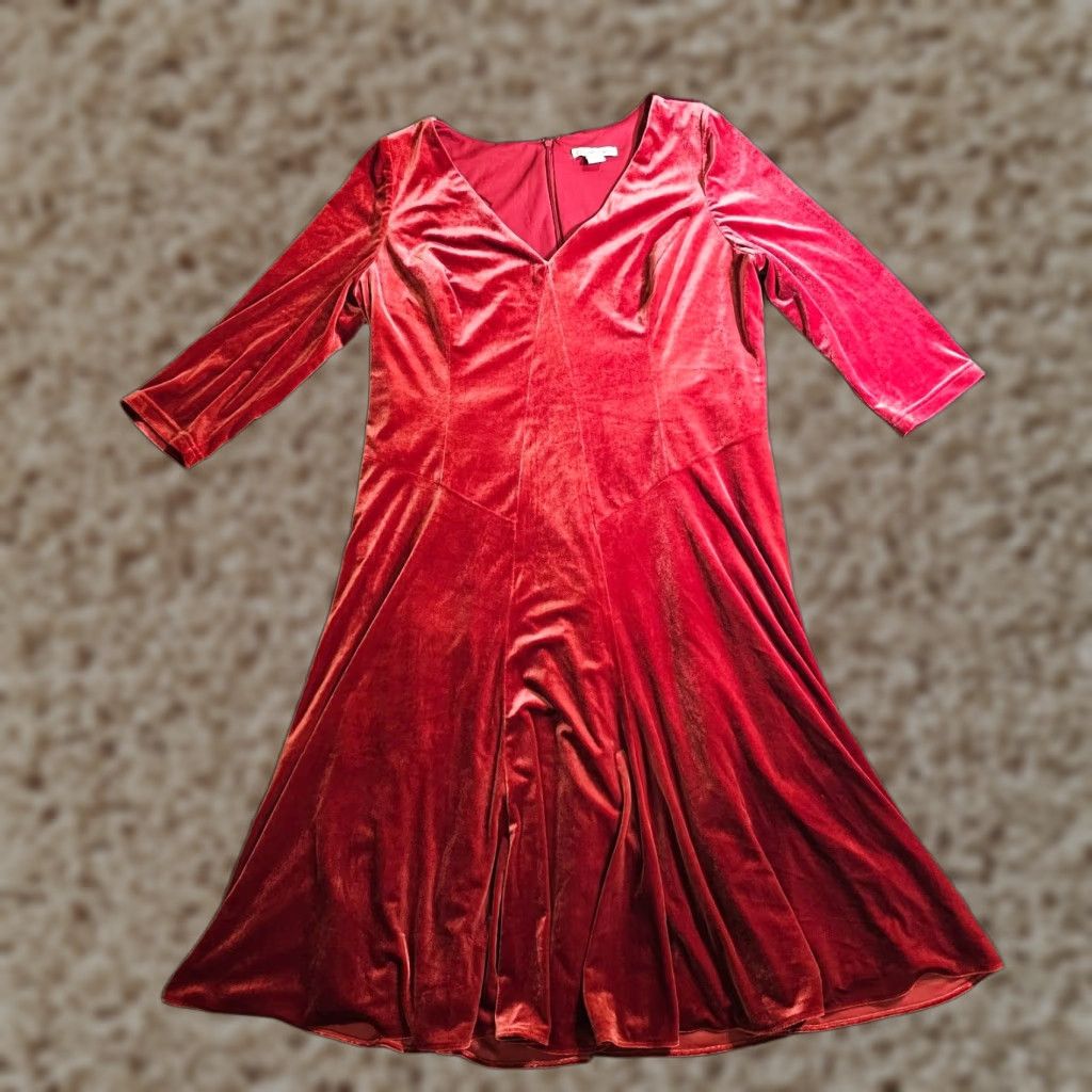 Coldwater Creek Coldwater Creek Dress Womens Large Orange Red Velour A-Line 3/4 Sleeve Holiday Womens Regular L Red Velvet A-Line Dress Size L / US 10 / IT 46 - 1 Thumbnail