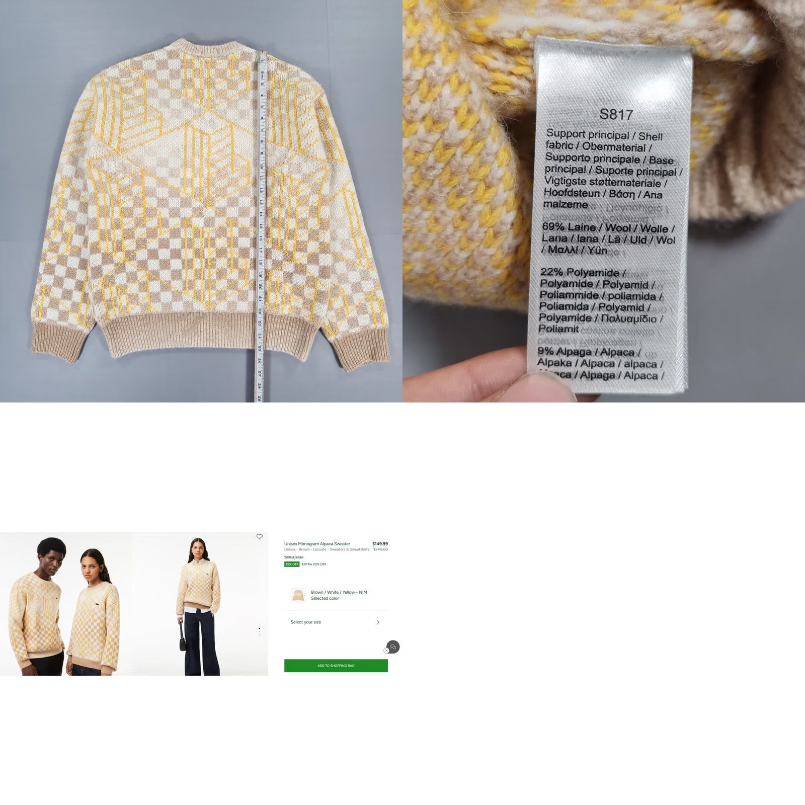 Lacoste Lacoste Jumper Beige Yellow XS Relaxed Fit Alpaca Wool Geometric Crew Neck Mens Pullover Classic Knit Size US XS / EU 42 / 0 - 8 Thumbnail