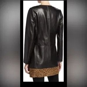 Neiman Marcus Neiman Marcus Black Leather Zip-Up Coat Leopard Print Hem Wo Size XL / US 12-14 / IT 48-50 - 4 Thumbnail