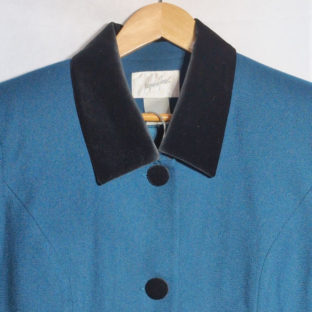 Other Vintage Jacqueline Ferrar Blue Green Wool Suit with Black V Size 40" / US 18 - 4 Thumbnail
