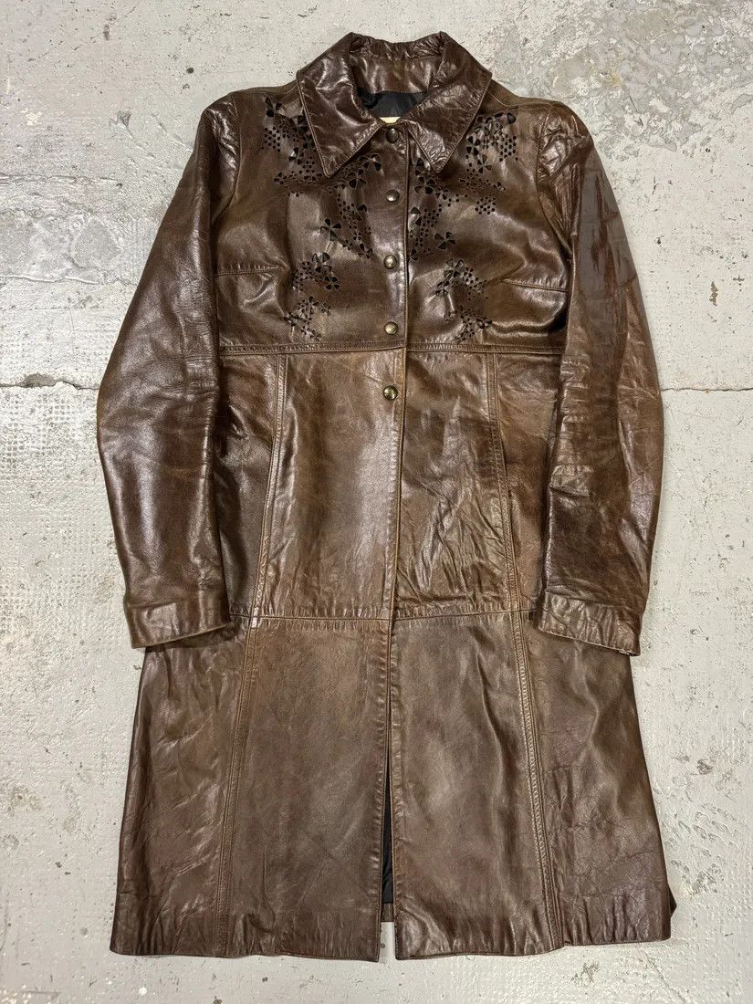 Vintage 2000s Plein Sud Embellished Holes Brown Leather Trench Long Jacket Size S / US 4 / IT 40 - 1 Thumbnail