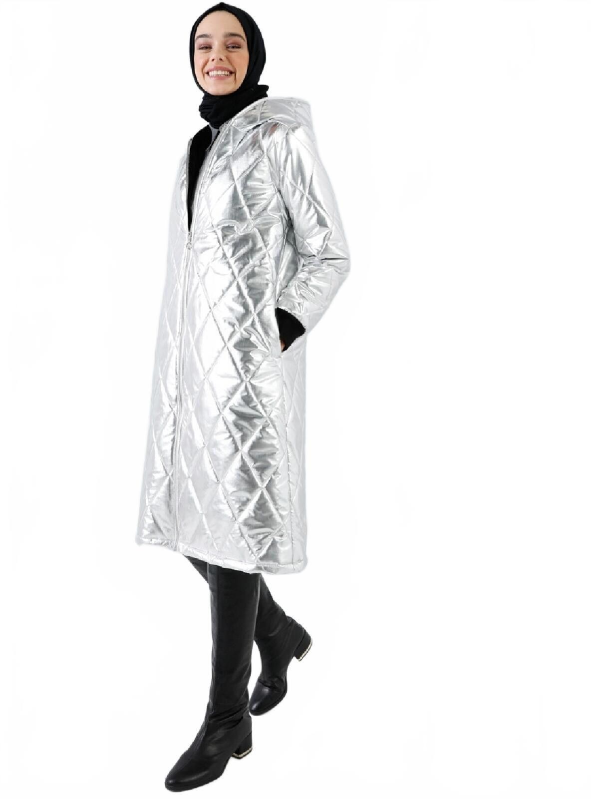Unknown London Metallic Quilted Long Puffer Coat with Hood, Size 10 Size L / US 10 / IT 46 - 4 Thumbnail