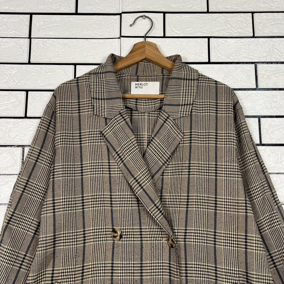 Japanese Brand MERLOT IKYU Checked Plaid Double Breast Long Coat #4150-C189 Size ONE SIZE - 2 Thumbnail