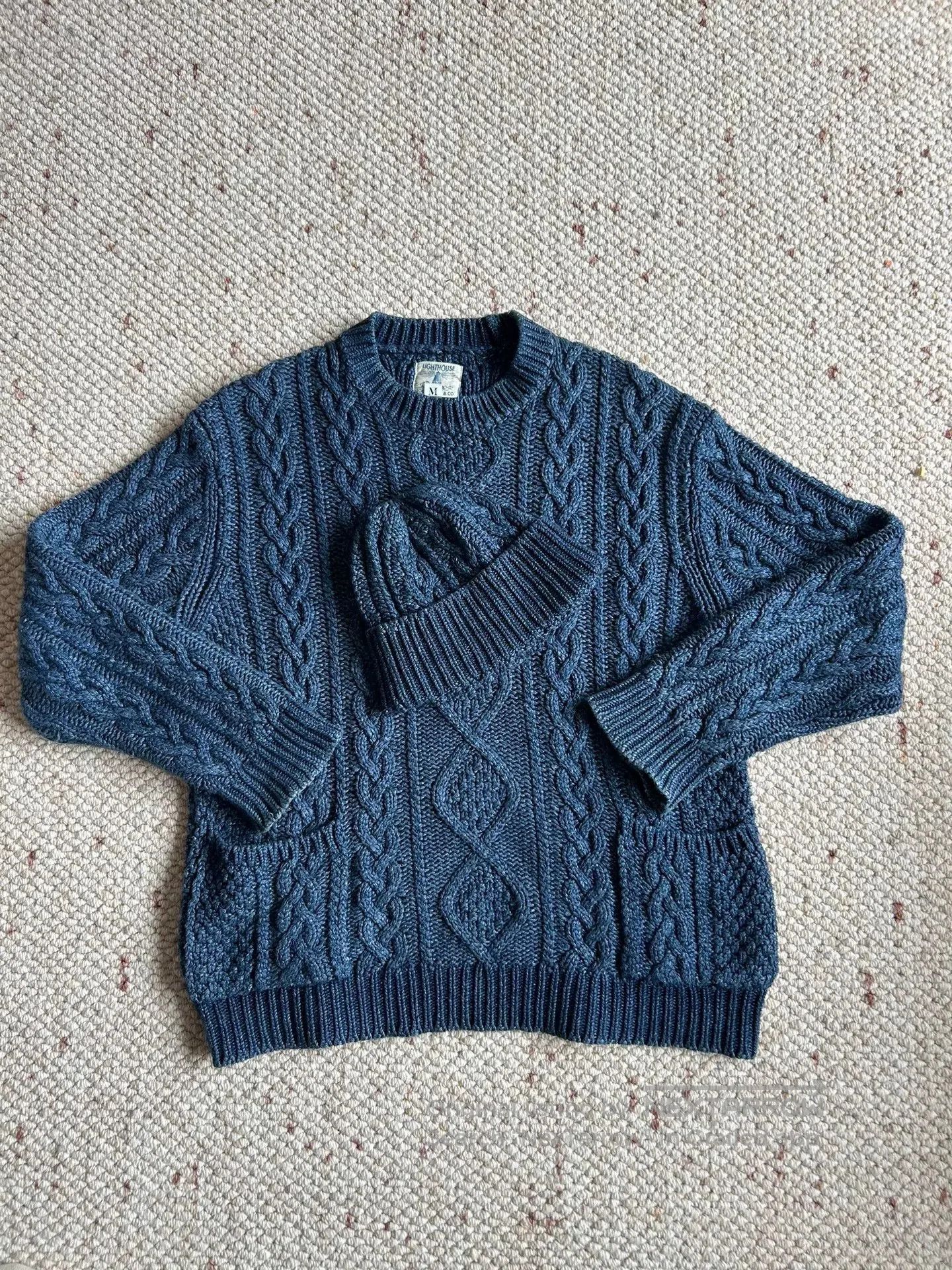 indigo aran crewneck sweater and hat set.