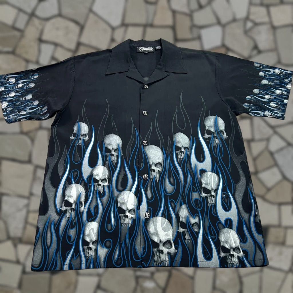 Dragonfly Shirt Mens Large Black Skull Flames Biker Graphic Button Up Gothic