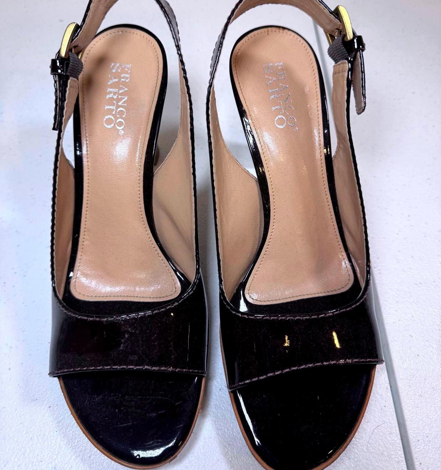 Designer Franco Sarto Brown Patent Leather Slingback Heels Size US 10 / IT 40 - 1 Thumbnail