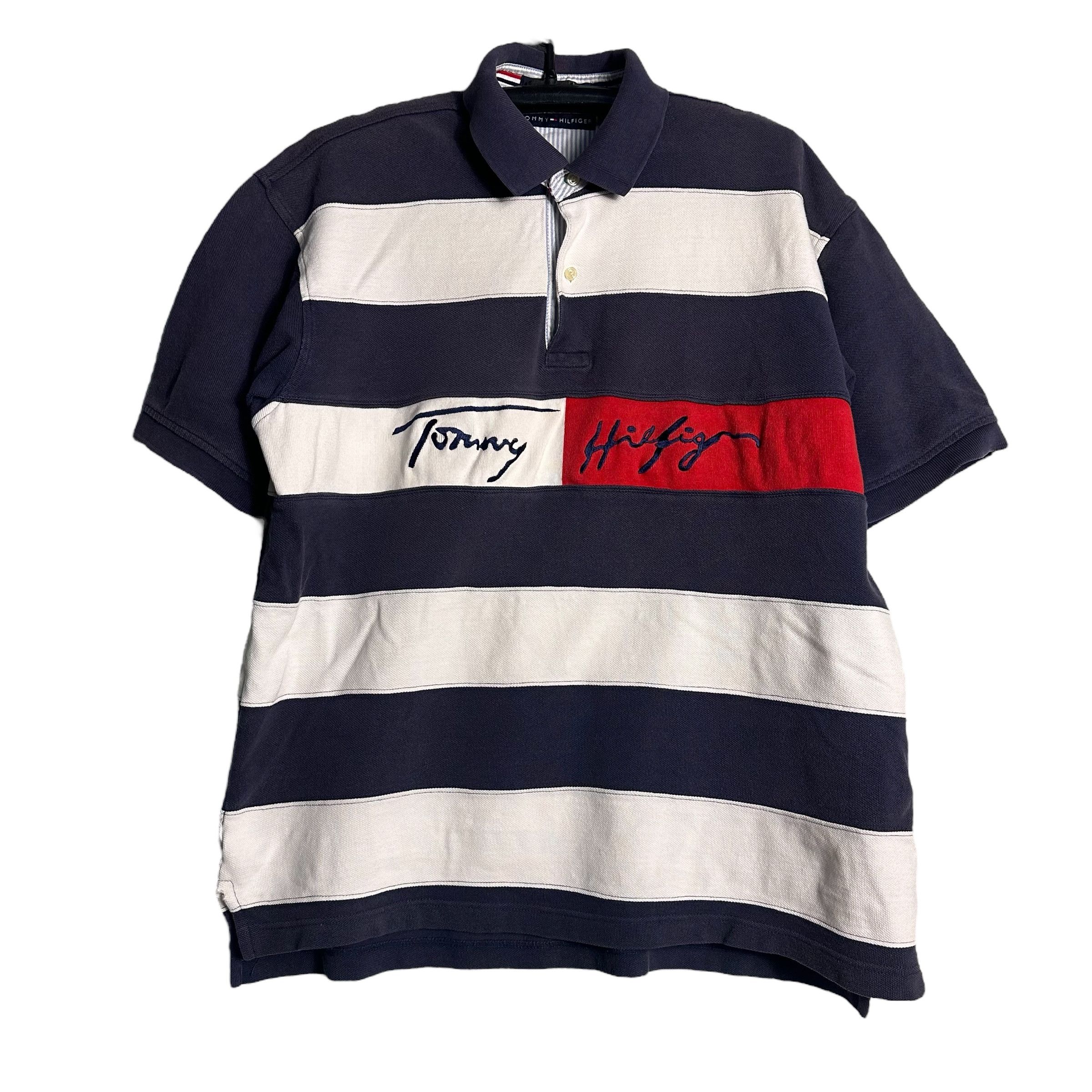 Tommy Hilfiger 🔥RARE🔥Vintage Tommy Hilfiger Spell Out Stripes Polo Shirt Size US L / EU 52-54 / 3 - 1 Thumbnail