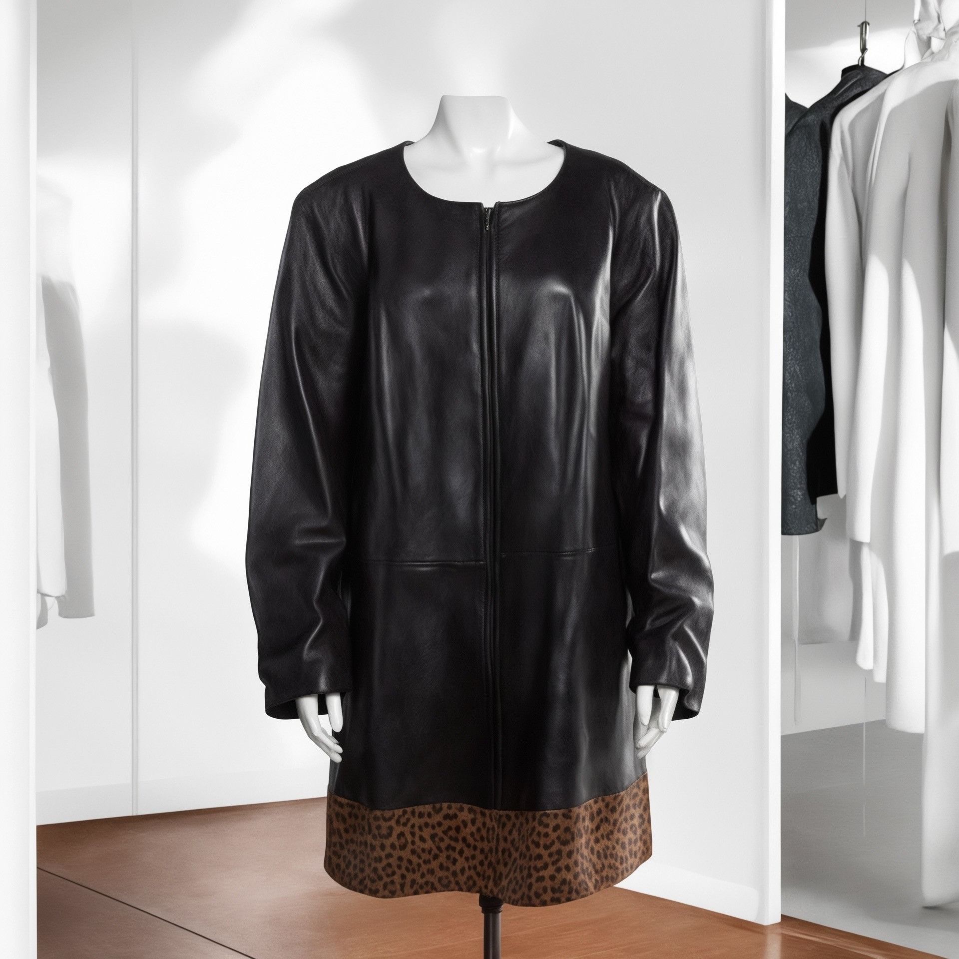 Neiman Marcus Neiman Marcus Black Leather Zip-Up Coat Leopard Print Hem Wo Size XL / US 12-14 / IT 48-50 - 1 Thumbnail