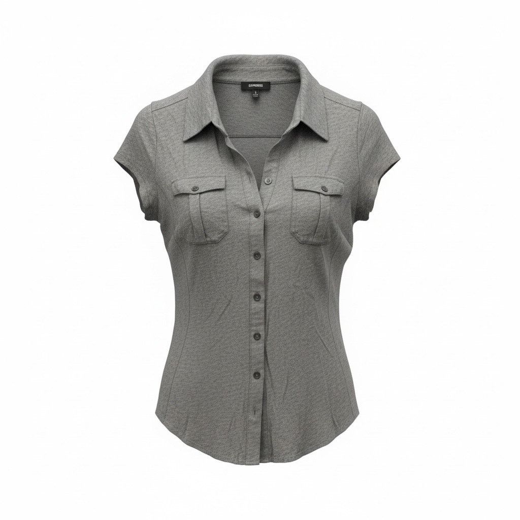 Express Express Gray Button Front Blouse Medium Short Sleeve Size M / US 6-8 / IT 42-44 - 1 Thumbnail