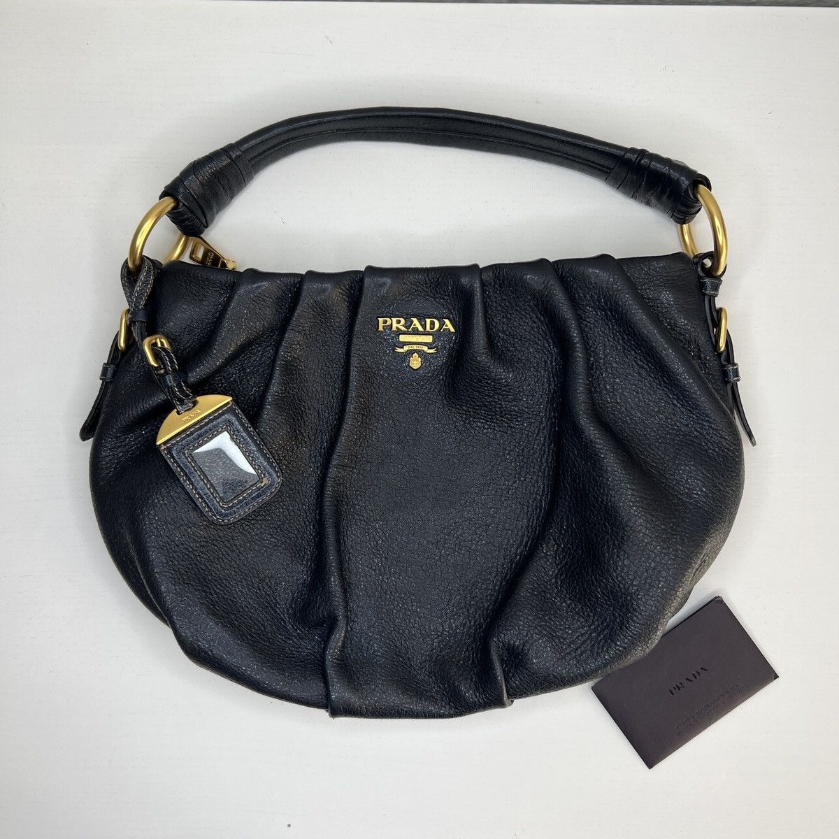 image of Avant Garde Prada Milano Logo Leather Calfskin Shoulder Hand Bag Retro in Navy, Women's