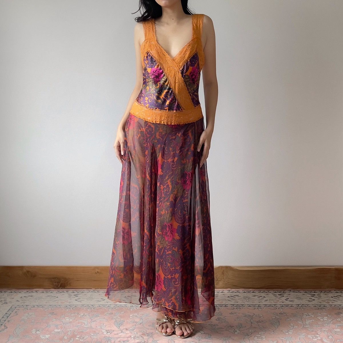 Vintage 1990s Floral Satin & Chiffon Maxi Slip Dress (S–M)
