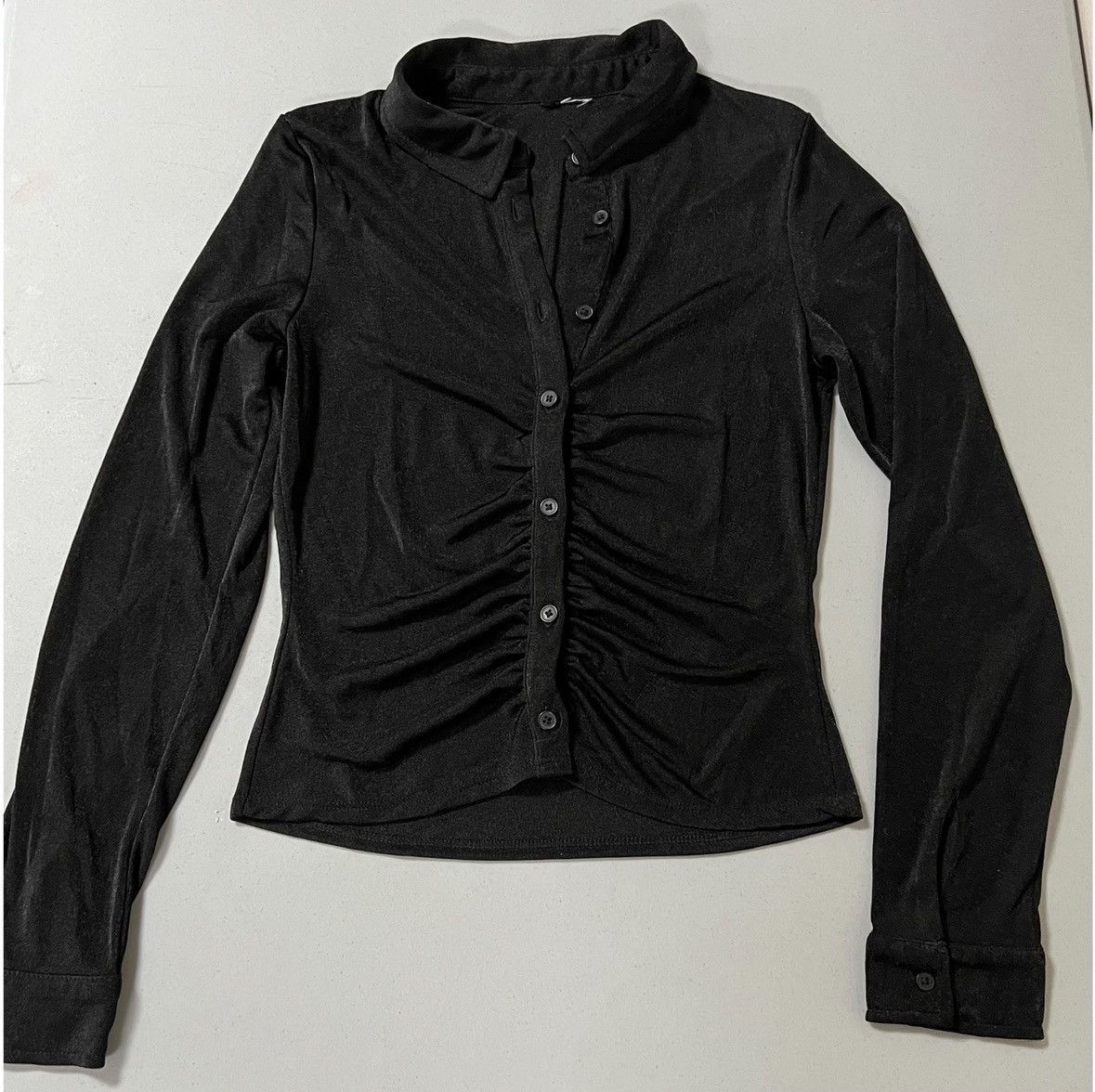 Vintage Black Ruched Button-Down Long Sleeve Shirt Top Blouse Size S Size S / US 4 / IT 40 - 1 Thumbnail