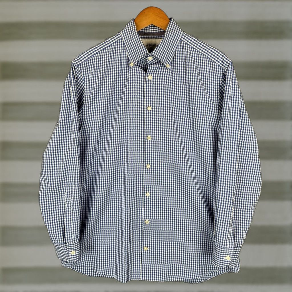 Charles Tyrwhitt Charles Tyrwhitt Shirt Mens 16.7/33 Blue Gingham Check Extra Slim Fit Non-Iron Slim Casual Long Sleeve Button-Up Size US L / EU 52-54 / 3 - 1 Thumbnail
