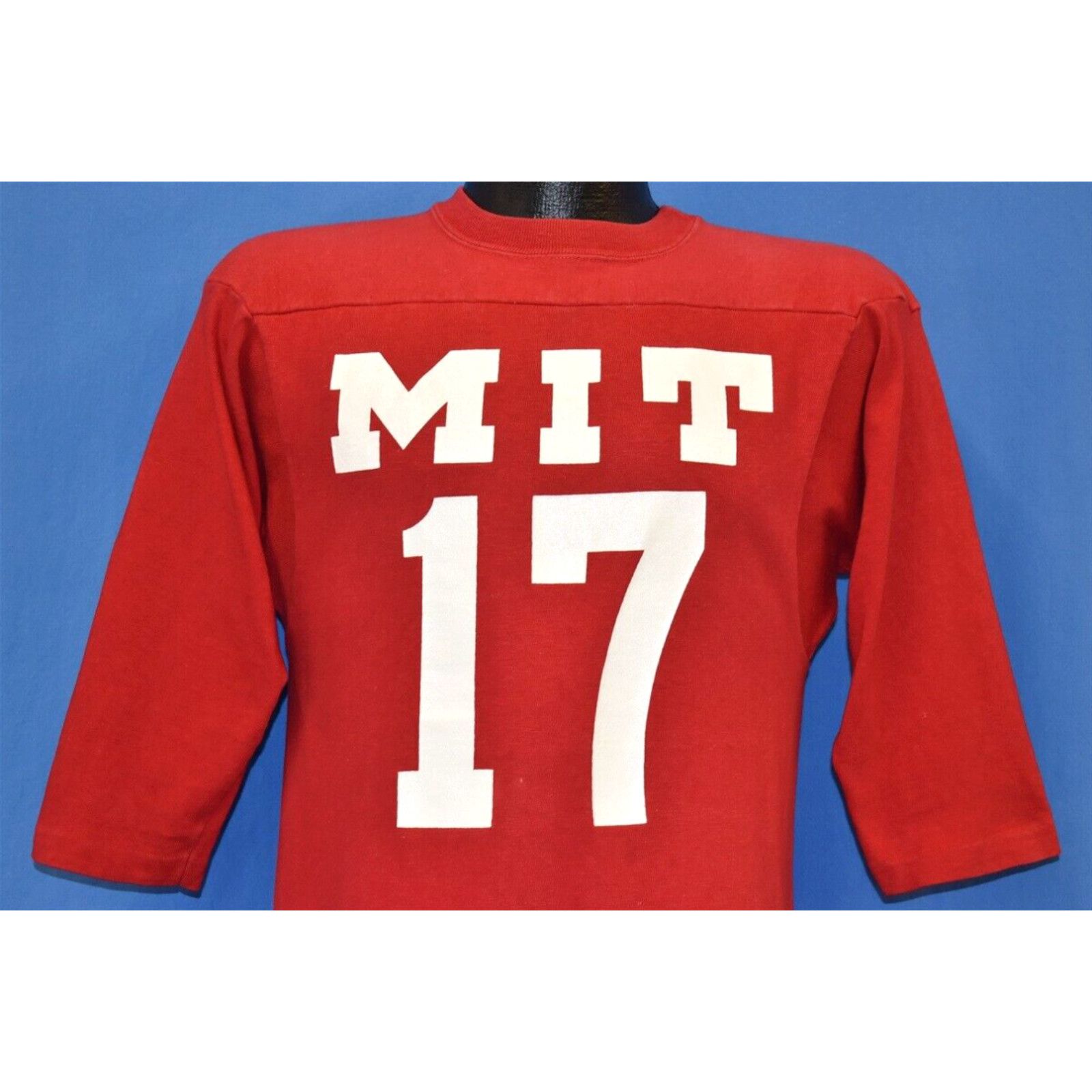 Image of VTG 70's Mit 17 College Football Jersey Champion Blue Bar 3/4 Sleeve T-Shirt S in White (Size Small