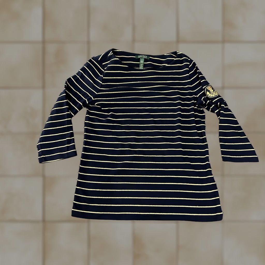 Ralph Lauren Lauren Ralph Lauren Shirt Womens Large Navy Gold Stripe Nautical Crest Top Size L / US 10 / IT 46 - 1 Thumbnail