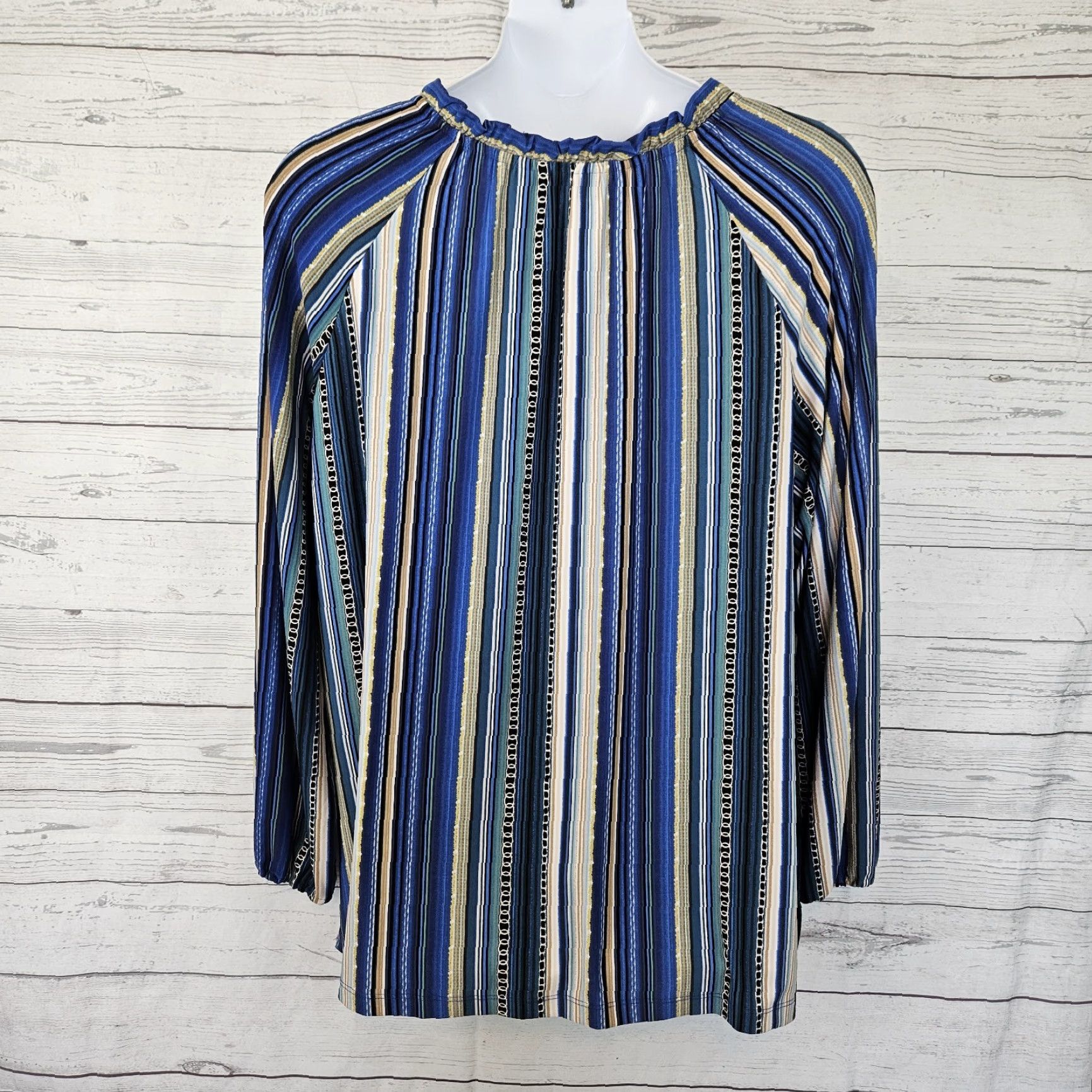 Vintage Susan Graver Womens Top Blouse 2X Blue Tan Striped Long Sleeve Graphic Pattern Polyester Spandex N/A Size XXL / US 16-18 / IT 52-54 - 3 Thumbnail