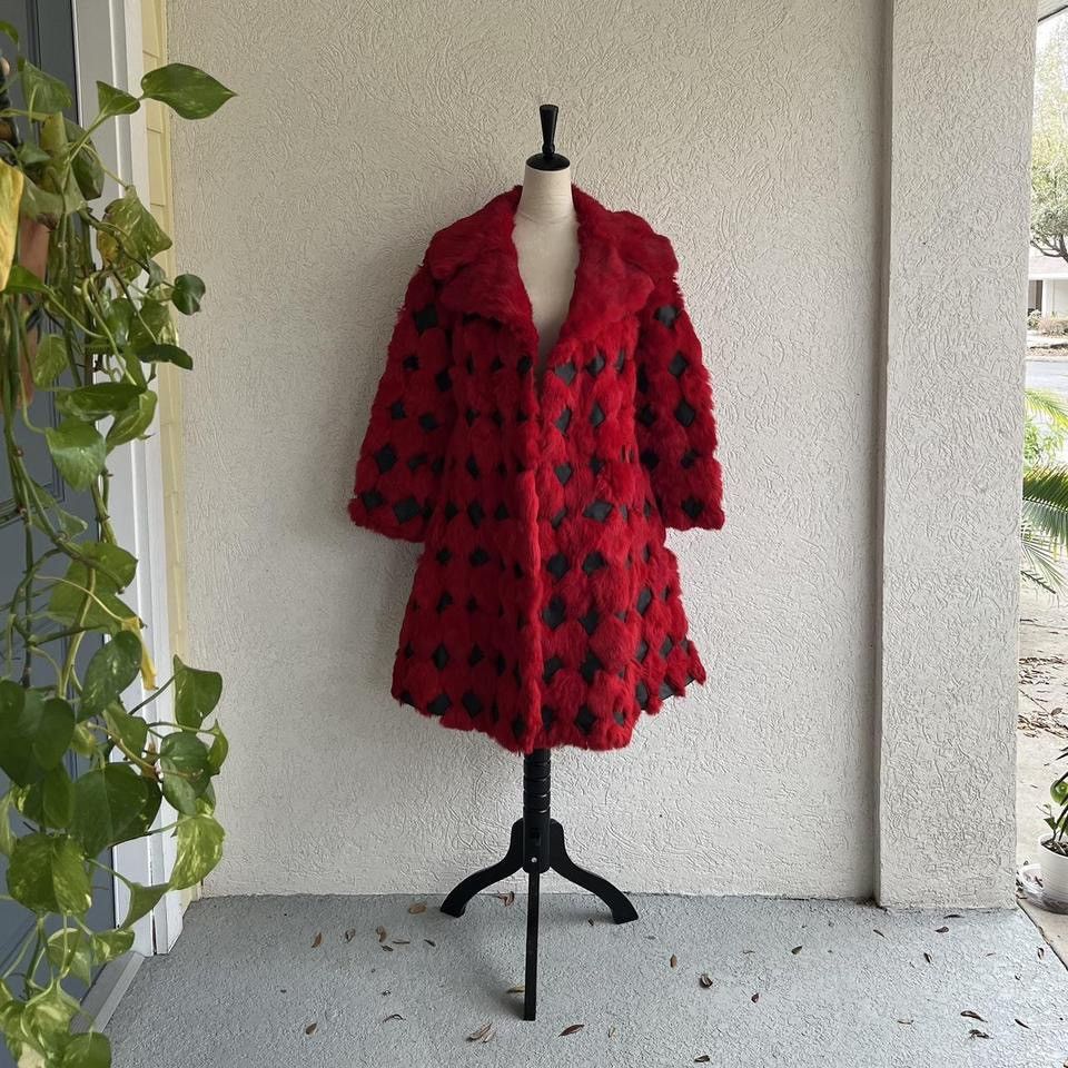 image of Avant Garde Vintage Dyed Red Rabbit Fur Coat With Leather Accents, Women's (Size Small)
