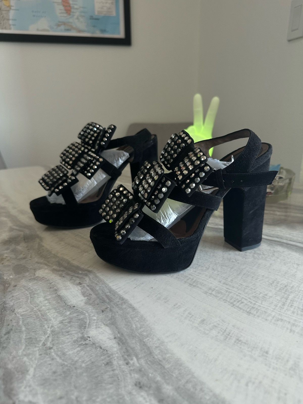 Marni Marni Black Suede Rhinestone Studded Platform Sandals Size US 9 / IT 39 - 1 Thumbnail